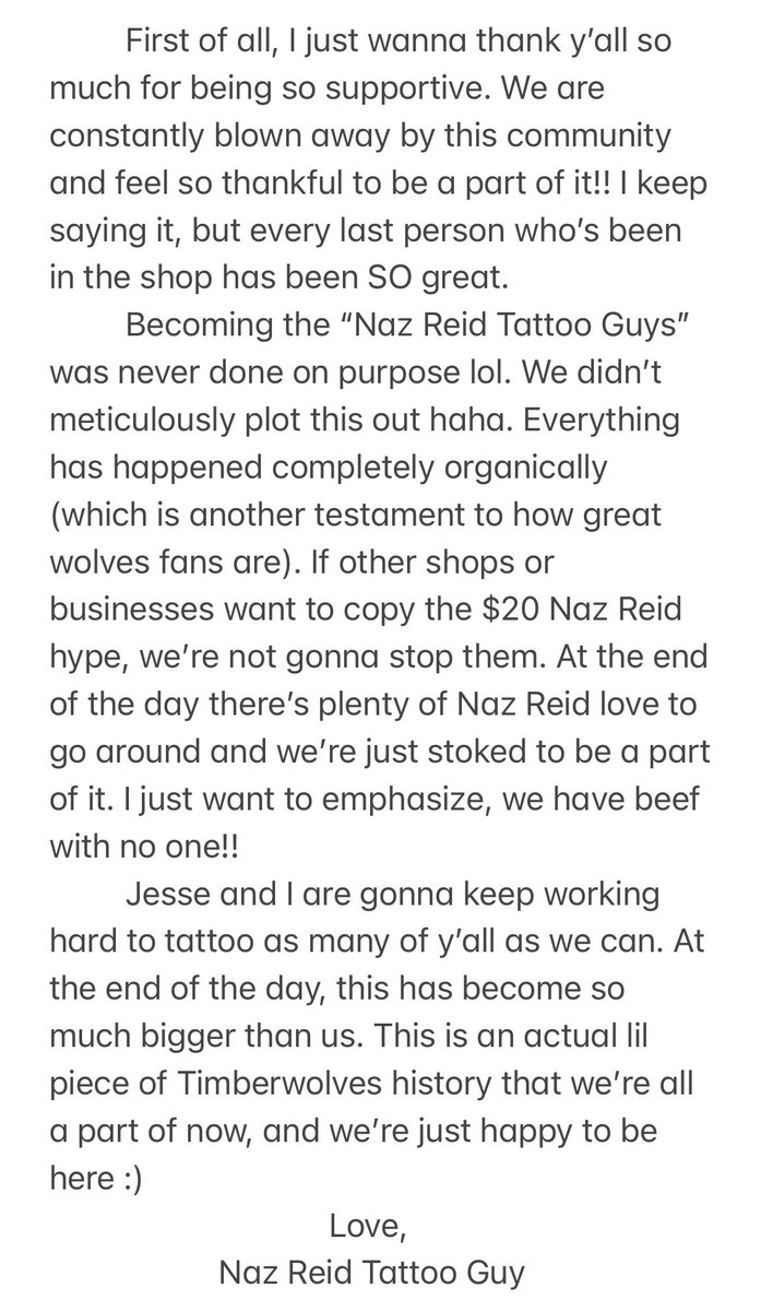 john_chuck's tweet image. Hey y’all, thought a lil bit more about other shops or artists doing $20 Naz Reid tats :)

Ps. It seems silly to do a notes app post, but I don’t pay for twitter and I didn’t wanna do a whole thread. It’s really not that serious lol.