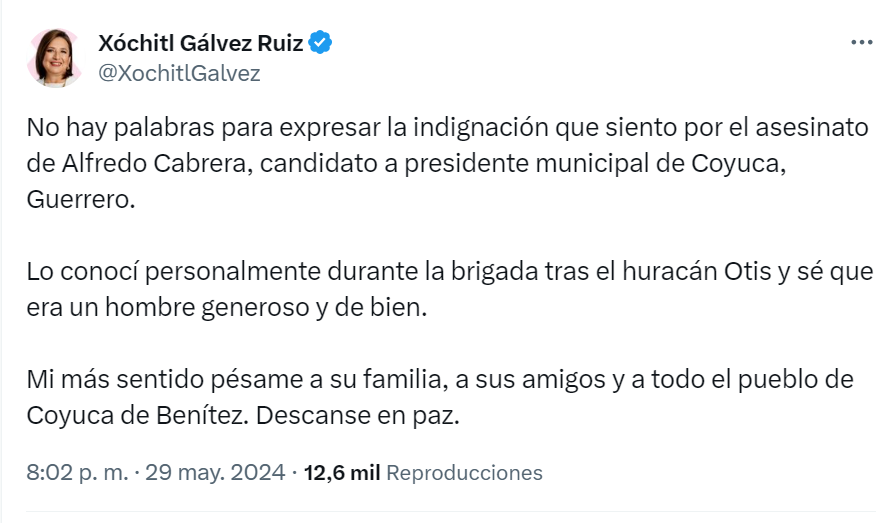 🕊️ Xóchitl Gálvez envía un sentido mensaje tras el trágico asesinato de Alfredo Cabrera: 'Mi más sentido pésame a su familia, amigos y a todo el pueblo de Coyuca de Benítez. Descanse en paz.' #CoyucadeBenítez