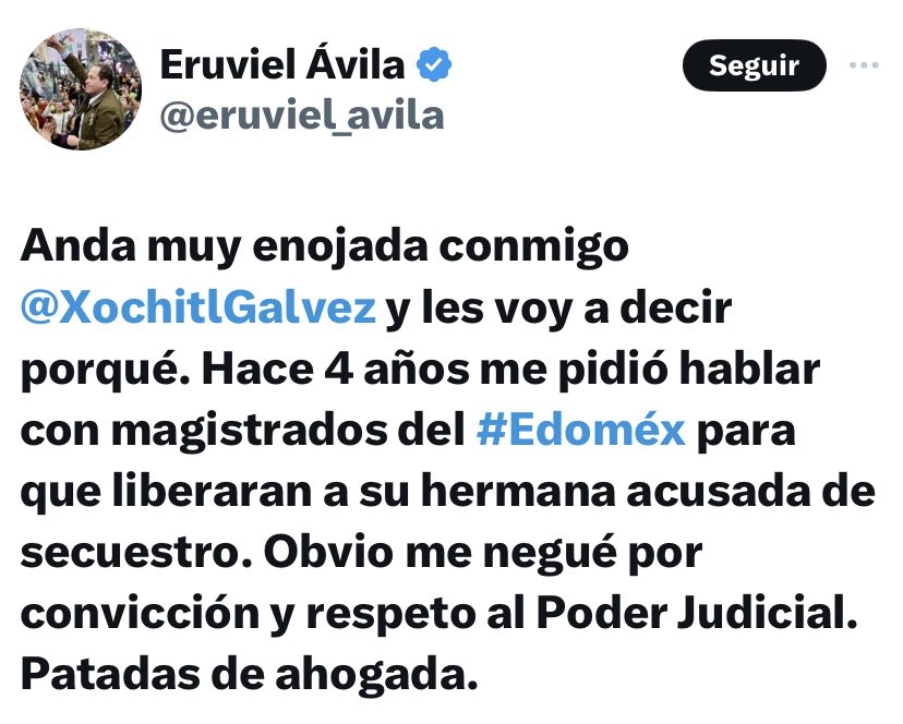 ⁦@XochitlGalvez⁩, la analfabeta y corrupta candidata del PRIAN, quiso corromper a magistrados del EDOMEX para liberar a su sanguinaria hermana. Lo afirma el exgobernador Eruviel Ávila.