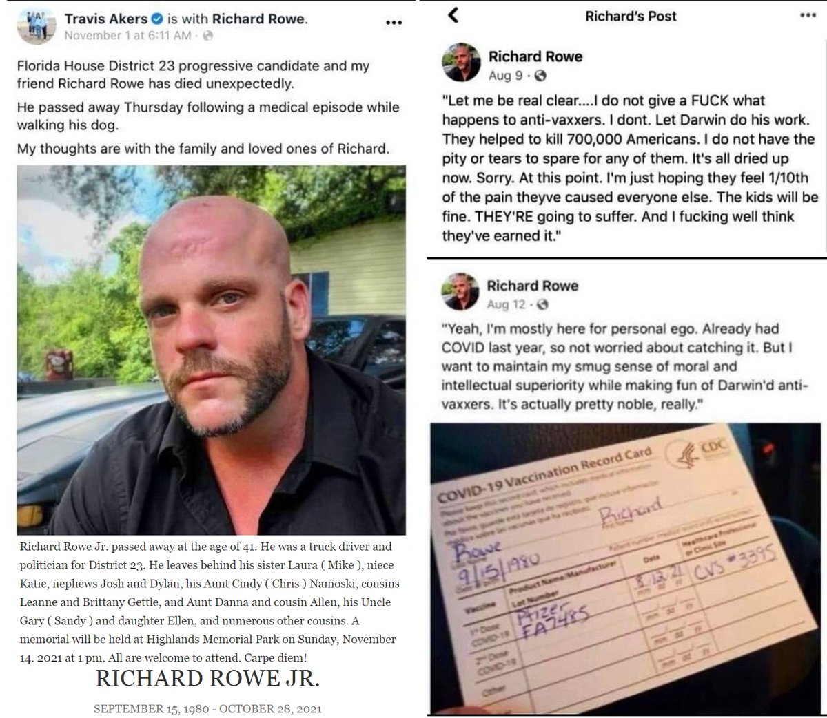 41 year old Richard Rowe, Floride House District 23 progressive candidate, really hated 'anti-vaxxers' Richard died 2 months after taking his 1st Pfizer COVID-19 mRNA Vaccine Lot:FA7485 Aug.9: 'I do not give a F*** what happens to anti-vaxxers. I dont. Let Darwin do his work'