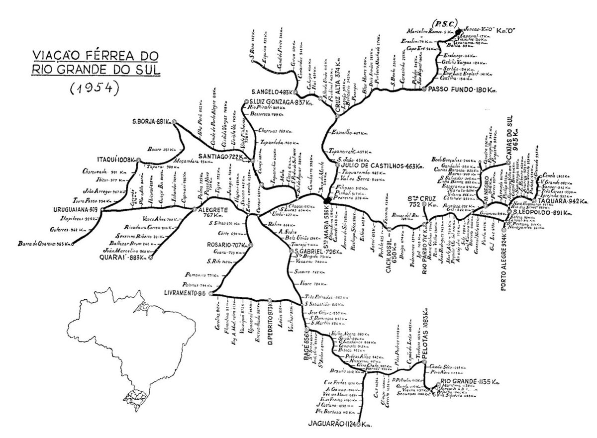 LogInfra's tweet photo. Vejam quantas estações haviam na rede ferroviária no Rio Grande do Sul em 1954. Como foram capazes de acabar com isso? Como são capazes de não cogitar reativar isso? https://t.co/WGwYrMV4zR