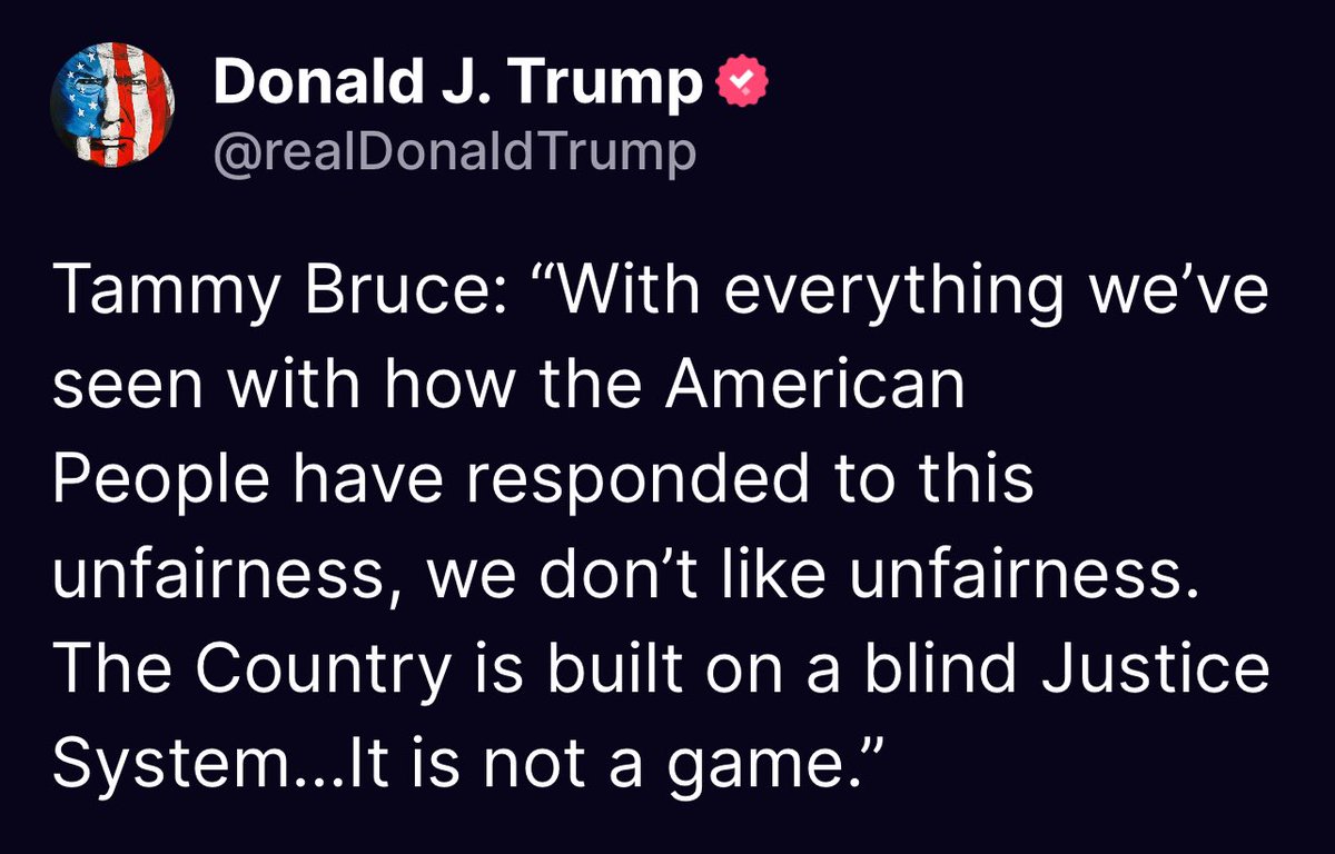 Tammy Bruce: “With everything we’ve seen with how the American People have responded to this unfairness, we don’t like unfairness. The Country is built on a blind Justice System…It is not a game.” Donald Trump Truth Social 07:27 PM EST 05/29/24