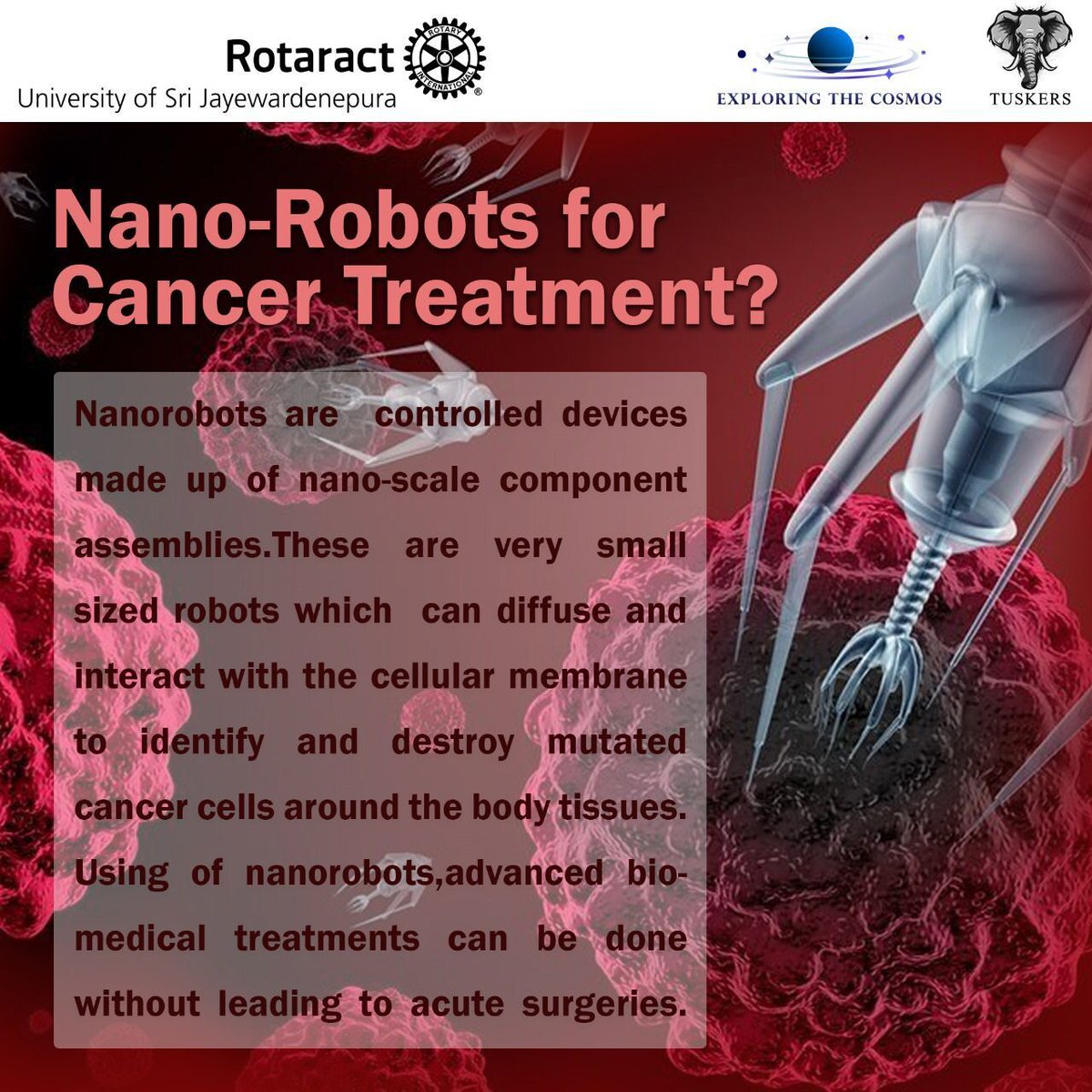 Nanorobots used for medical treatments.

Source: sciencedirect.com/science/articl…

#ExploringtheCosmos
#RACUSJ 
#Rotaract 
#Rotaract3220 
#CreateHopeintheWorld 
#YouthForAll