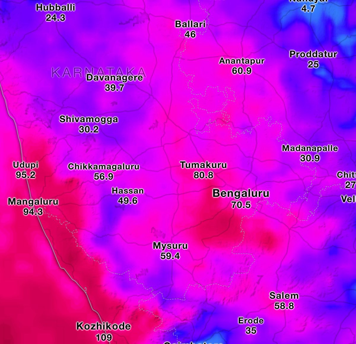 Next one week accumulated precipitation according to ECMWF for #KarnatakaRains 

Good chances of thunderstorms in Old Mysuru region (OMR) from tomorrow onwards where Bengaluru - Kolar - Tumakuru - Ramanagara belt is the Hotspots & other places too will get thunderstorms.

Coastal