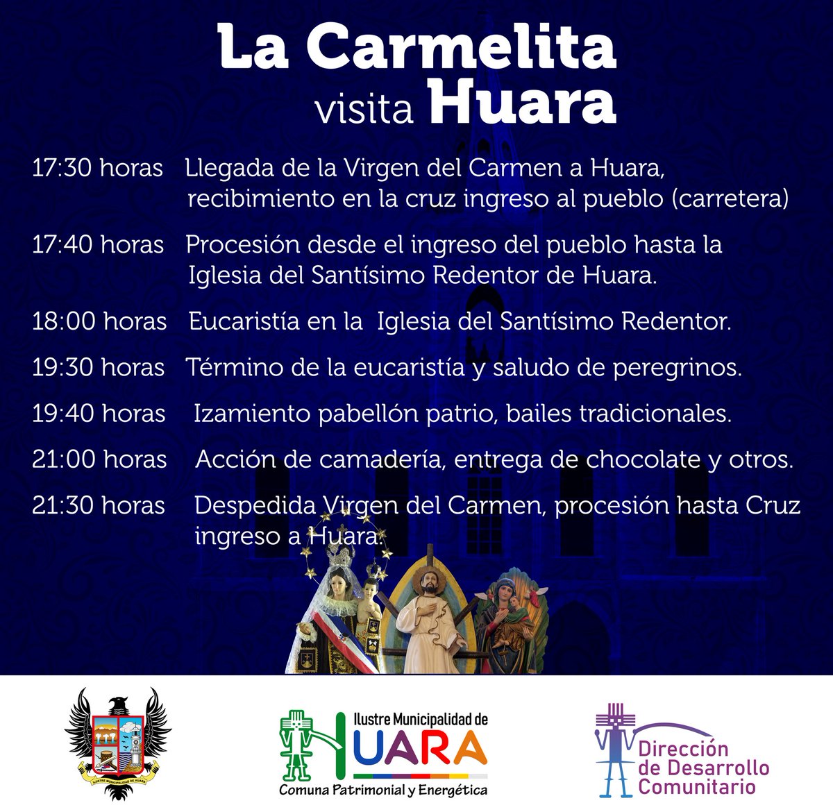 🤎🤍Estamos contando los días para tener a la 'Chinita' del Carmen en nuestra comuna. 

Te presentamos la programación de su visita a #Huara, que será este sábado 1.

La iglesia Santísimo Redentor, en colaboración con la @IM_HUARA, prepararon esta linda celebración.🌹🌷

#Iquique