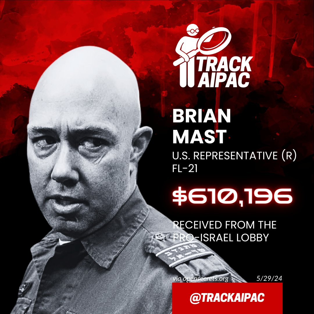 TrackAIPAC's tweet photo. @RepBrianMast Brian Mast parrots Israeli propaganda for blood money. https://t.co/ki4SELvf36