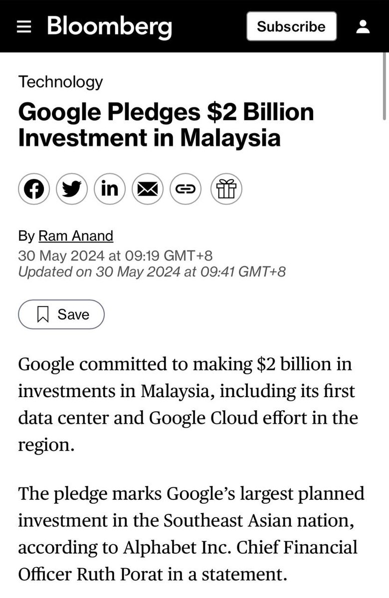 Saya menyambut baik satu lagi pengumuman pelaburan langsung asing ke Malaysia. 

Hari ini, Google iaitu sebuah syarikat teknologi utama dunia mengesahkan komitmen pelaburan sebanyak USD2 bilion bagi menyokong agenda Kerajaan dalam mempercepat dan melicinkan transformasi digital