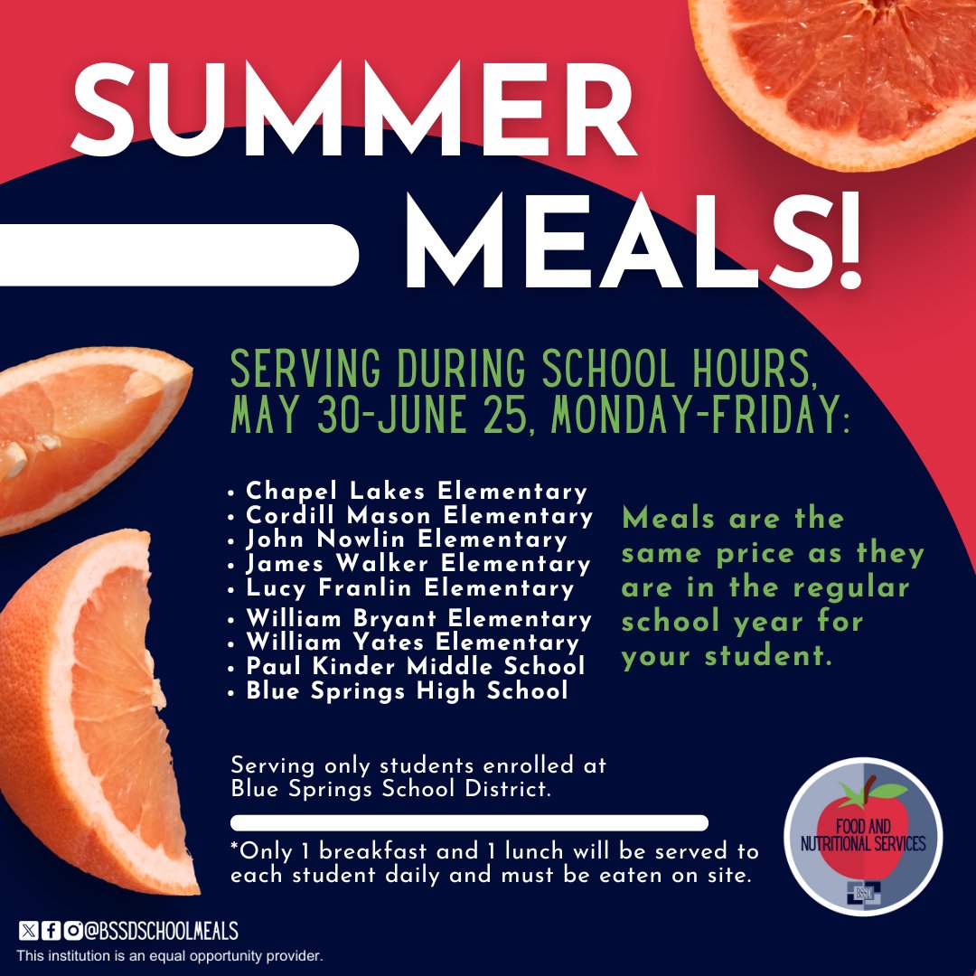 We have the scoop on our summer meal program! 🍦Meals are available to all students enrolled at Blue Springs School District!

@BSSDnews #WeAreBSSD #BluespringsMO #Bluespringsmissouri #Bluesprings #MOschools #Jacksoncounty