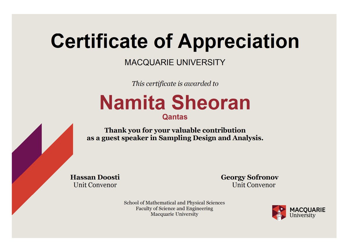 Huge thanks to MQ Alumni Namita Sheoran from Qantas &amp; Alisha Mehta, Product Manager at WTW, for sharing their expertise in Sampling Design and Analysis with our Master of Data Science students! Your insights were invaluable! 😊📊