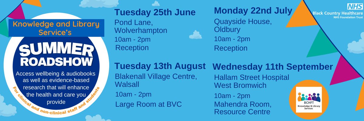 Announcement! 📣 Our @BCHFTLibrary Summer Roadshow is taking place from June - September. Find out about wellbeing resources and how the library can support your evidence-based work. We can't wait to catch up with clinical staff, non-clinical staff and students!