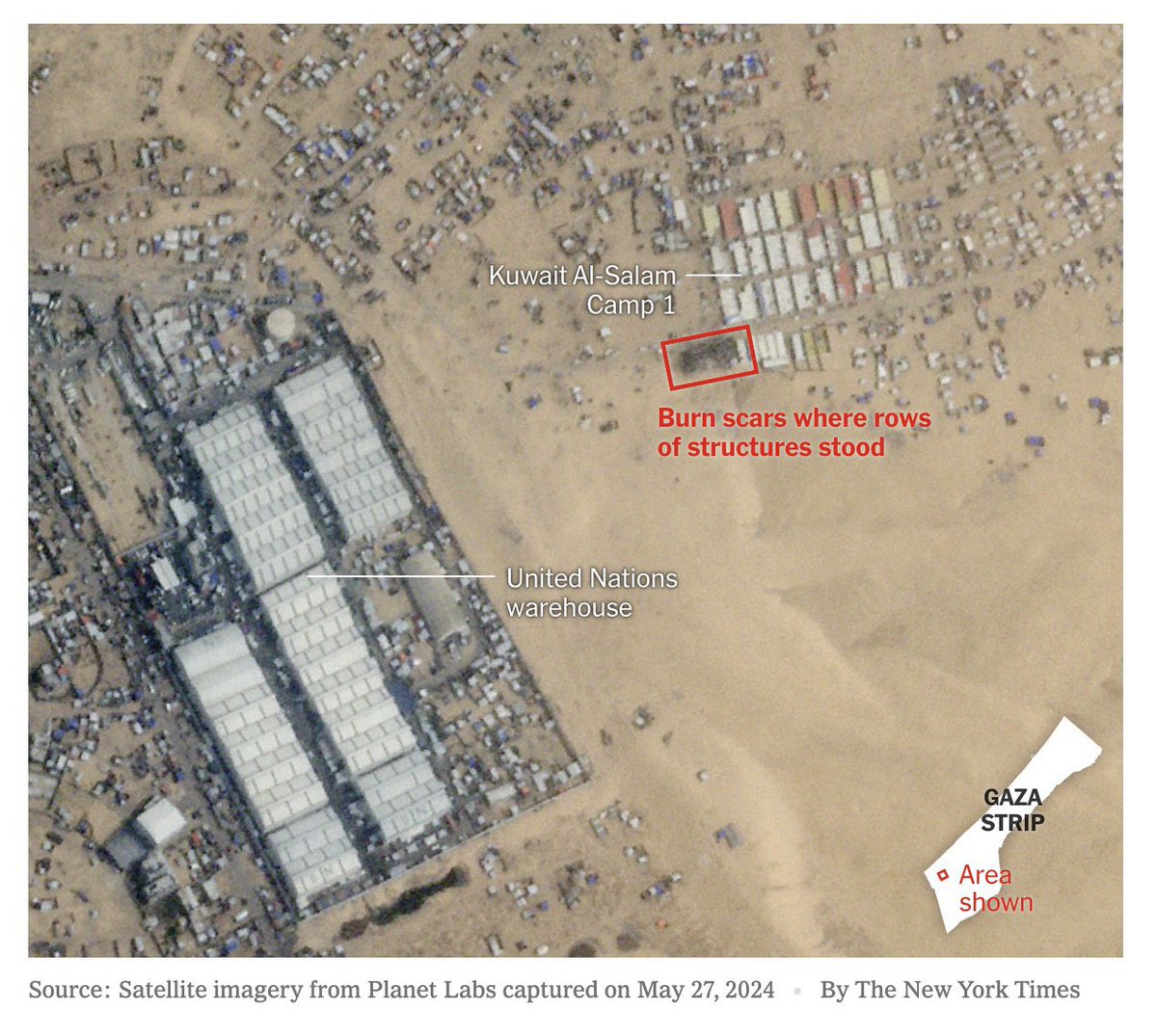Maxar'dan alınan yeni bir uydu görüntüsü, 26 Mayıs'ta İsrail'in hava saldırısıyla vurulan Kuveyt Al-Salam 1 adlı yerinden edilmiş kişiler kampının son iki gün içinde neredeyse tamamen boşaltıldığını gösteriyor. Maxar, 29 Mayıs'tan itibaren. Planet 27 Mayıs'tan itibaren.