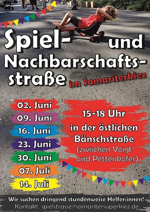 Diesen Sonntag gehts mit der #Spielstraße wieder los im #Samariterkiez!
Kommt vorbei! Bringt Eure Freund*innen, Eure Inliner, Roller Skates, Roller mit und lasst uns eine gute Zeit haben.
#Xhain #mobilitätswende #kiezblock #spielstrassen