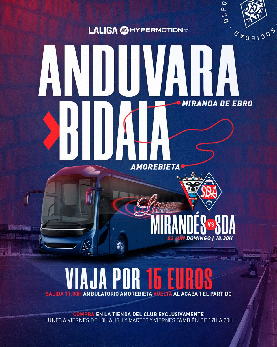 ¡𝙑𝙚𝙣 𝙖 𝙖𝙣𝙞𝙢𝙖𝙧 𝙖 𝙡𝙤𝙨 𝙖𝙯𝙪𝙡𝙚𝙨! ⚔️💙 #SiSePuede 📢 Disponibles en la tienda del club los billetes de autobús para el #MirandésAmorebieta del domingo. 🎟️ Autobús (ida y vuelta) 15€ #aupaAZULES