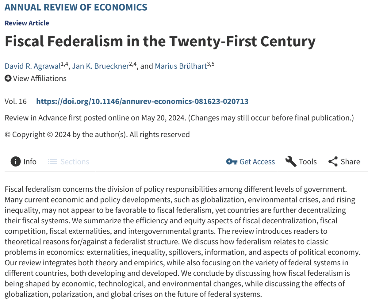 Very happy to see this paper out in early view at @AnnualReviews: 'Fiscal Federalism in the Twenty-First Century' Joint work with the great @DavidRAgrawal and Jan Brueckner (offering me a once-in-a-lifetime opportunity to be alphabetically 3rd author 😄) go.shr.lc/3KiyTwA