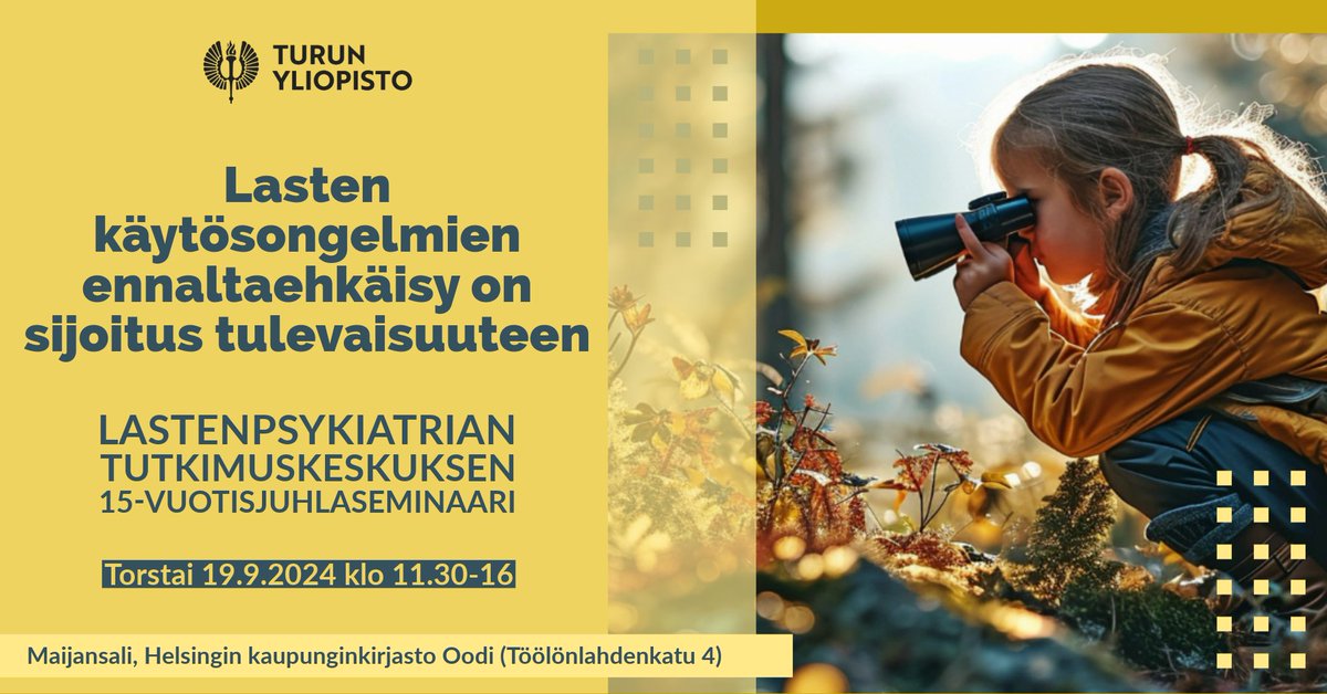 Lastenpsykiatrian tutkimuskeskuksen juhlaseminaarissa keskitytään lasten käytösongelmien ennaltaehkäisyyn ja digitaalisiin kustannusvaikuttaviin hoitomuotoihin.

Seminaarin avaa kirjailija Sirpa Kähkösen juhlapuhe.

Ilmoittaudu seminaariin: konsta.utu.fi/Default.aspx?t…