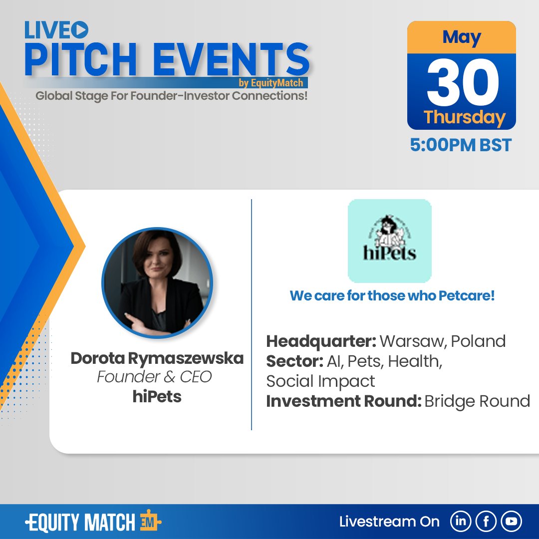 We're bringing the spotlight to <a href="/d_rymaszewska/">Dorota Rymaszewska</a>, Founder &amp; CEO of hiPets.
Dorota is ready to pitch at our Live Pitch Event dedicated for USA &amp; Europe based Startups on 30th May at 5:00 PM BST. 

Stay tuned for the Live Pitch event on X Space!    

#equitymatch #startup
