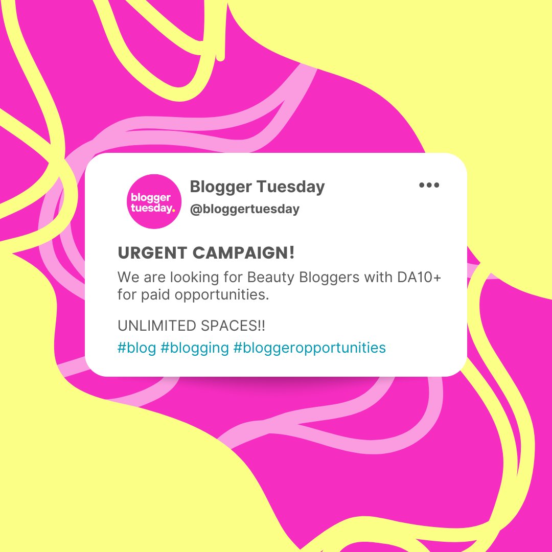 BloggerTuesday's tweet image. 🥁Calling All Bloggers!!! 📢📢

We have unlimited positions available for bloggers within the Beauty niche! 🎉

🔥Drop your links below if you think you fit this category 👇

#blog #blogging #blogger #beauty #beautyblogger
#beautyblog