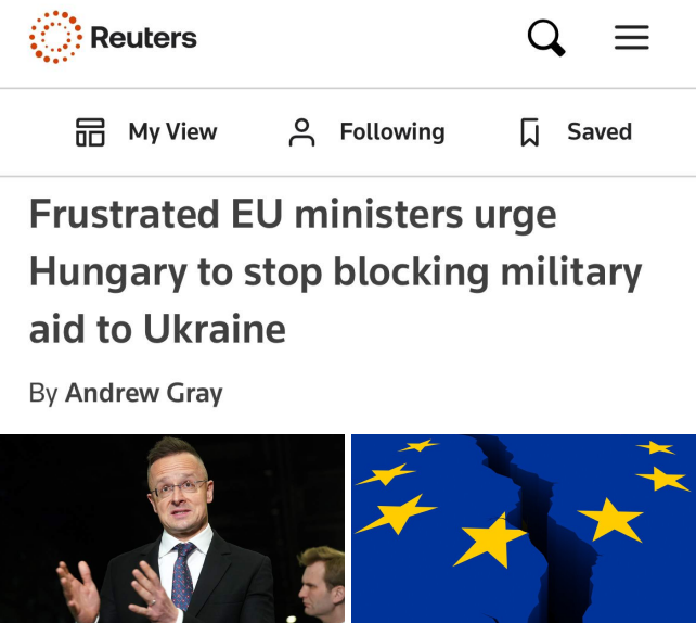 L'UNGHERIA BLOCCA LE DECISIONI DELL'UE SULL'UCRAINA. LA TENSIONE È AL LIMITE 
- Reuters 

 Il 41% delle risoluzioni dell'UE sull'Ucraina sono state bloccate dall'Ungheria, comprese le decisioni sull'assistenza militare e l'avvio dei negoziati per l'adesione all'UE. Inoltre,
