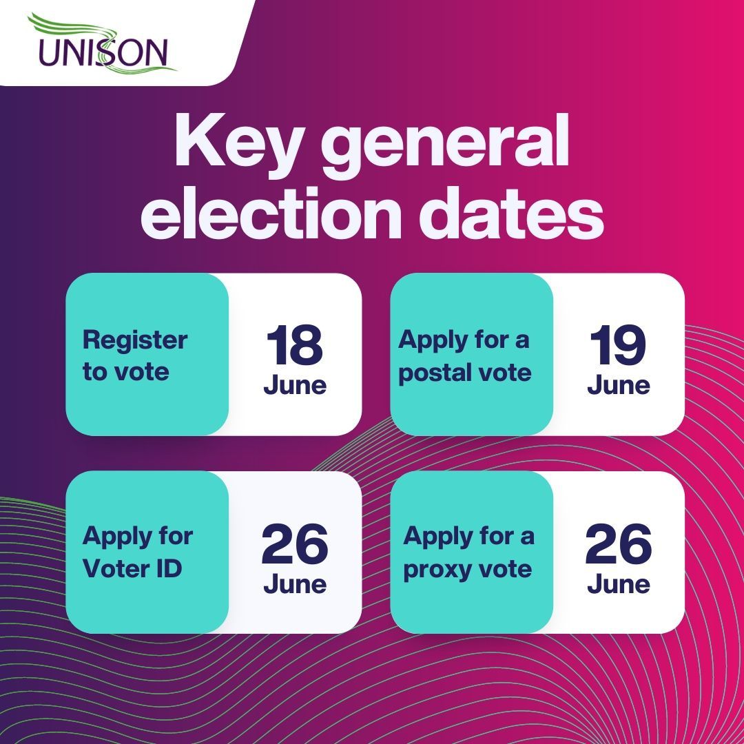 unisontheunion's tweet image. Get #GeneralElection ready #GRWM

✍🏼 Register to vote by 18 June
📮Apply for a postal vote by 19 June
🪪 Apply for Voter ID by 26 June
👩🏼‍🤝‍👨🏾Apply for a proxy vote by 26 June

Register now: gov.uk/register-to-vo…