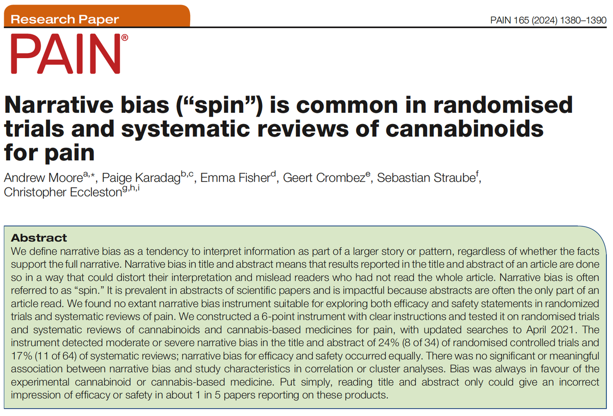 Narrative bias ('spin') is common in randomised trials and systematic reviews of cannabinoids for pain pubmed.ncbi.nlm.nih.gov/38227560/ via @AndrewMoorepain et al