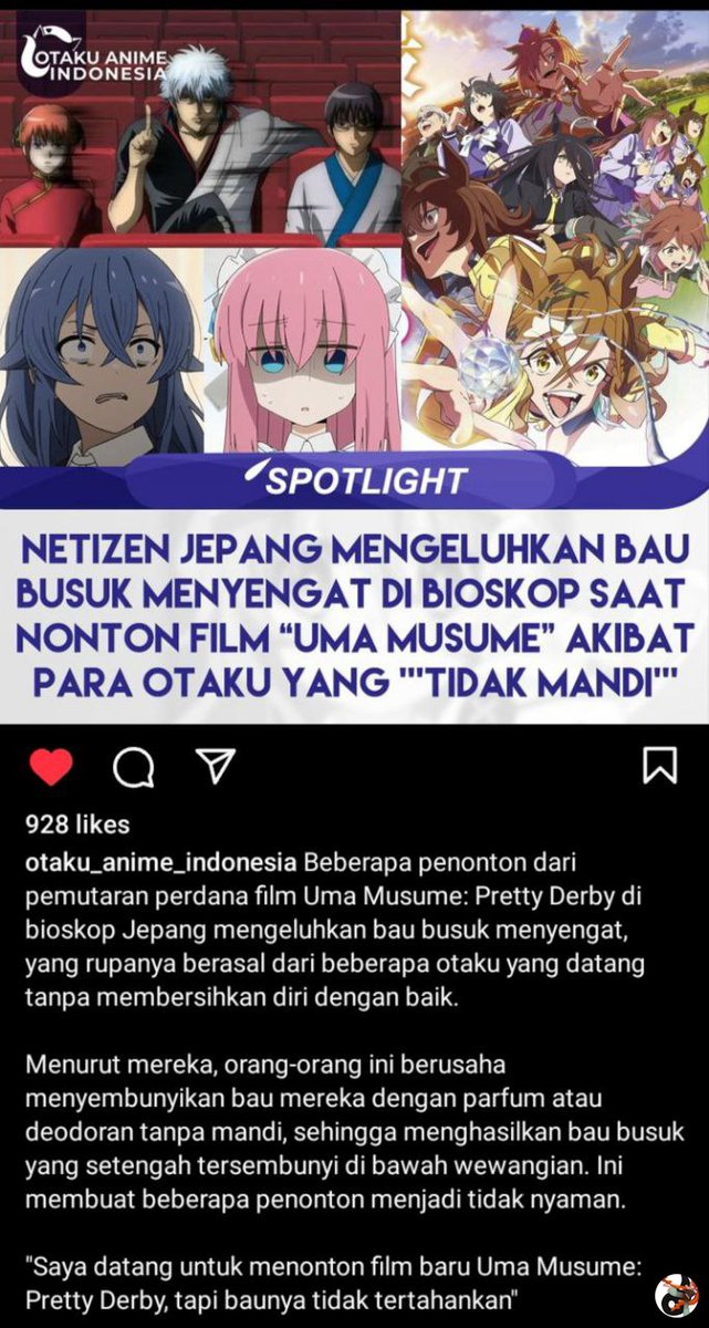 *jpf

Kirain pas konser aja.... Ini maksudnya mentang mentang nonton movie anime bertemakan Kuda yg cantik ,pada sengaja ya biar serasa nonton 4DX dengan aroma ala kuda ?🤣🤣🤣☠️☠️☠️