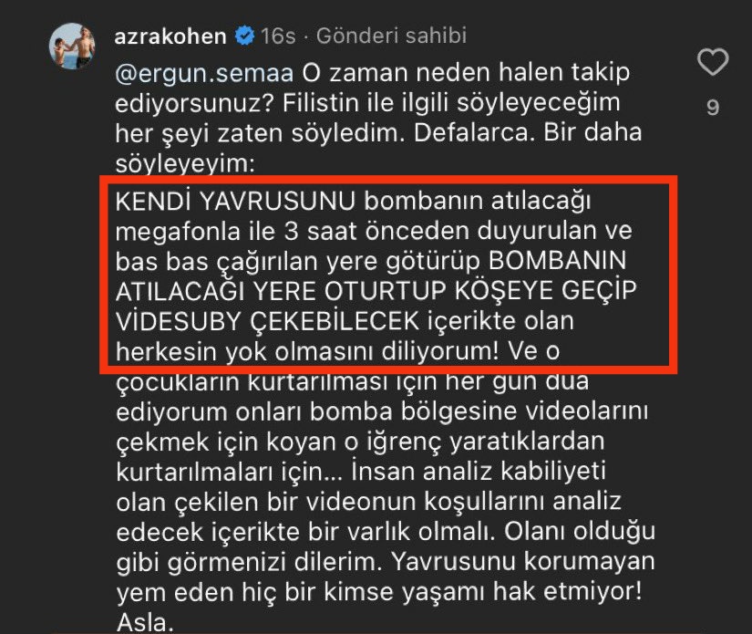 Bebek ka-ti-li israil'in yaptığı sòykırımı destekleyenlerin hepsi, Türk vatandaşlığından çıkarılıp yaka paça sınır dışı edilsin! 
Ülkemde sòykırım destekçisi görmek istemiyorum! 

Yallah israil'e Azra Kohen !