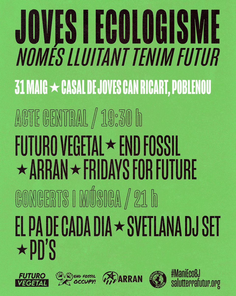 📢 Queden poc dies per la #ManiEco8J  

Actes previs, agitació, boca-orella... que arribi a tothom que en 10 dies omplirem Barcelona per exigir Salut • Terra •  Futur 🌱