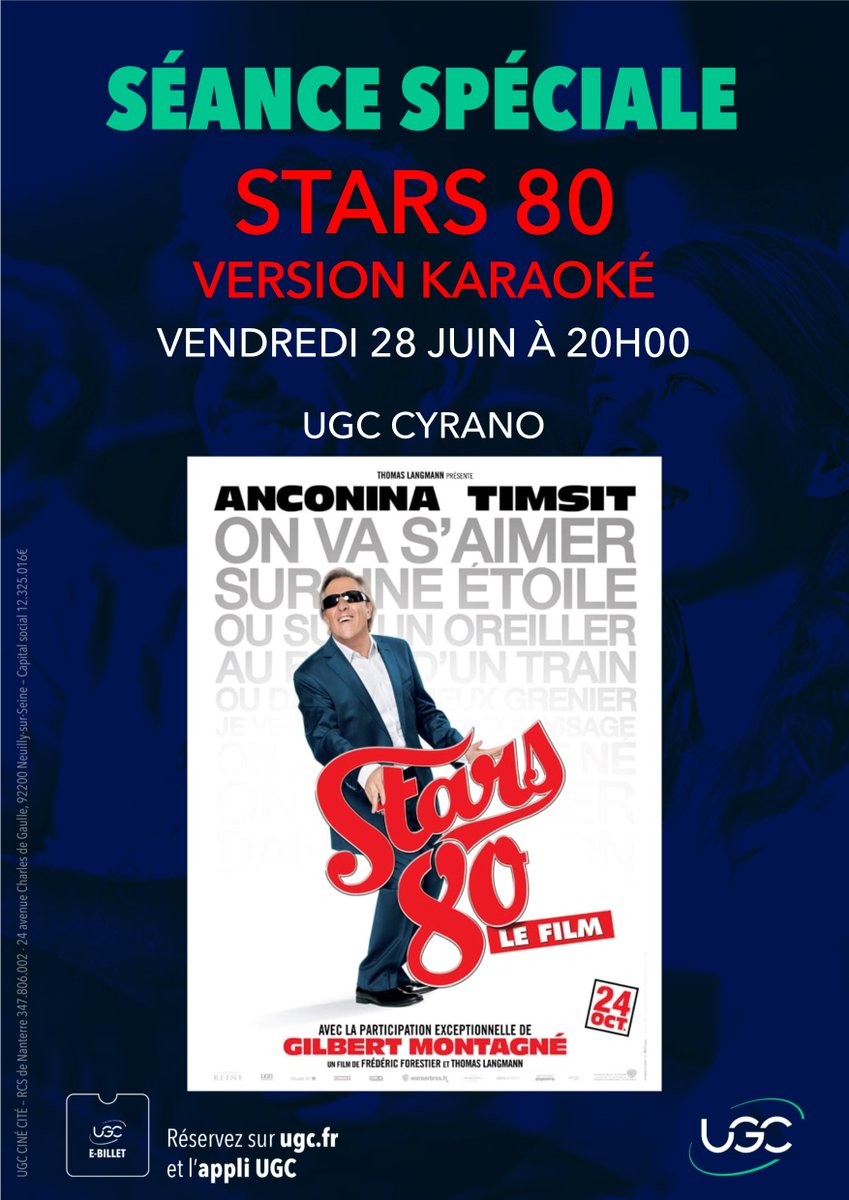 🎵🎤 Venez chanter sur le film « Stars 80 » en version karaoké le vendredi 28 juin à l'UGC Cyrano ! 🎟️ La réservation est fortement recommandée. 👉🏻 Retrouvez toutes les informations sur le site de la ville versailles.fr/923-4382/cultu…