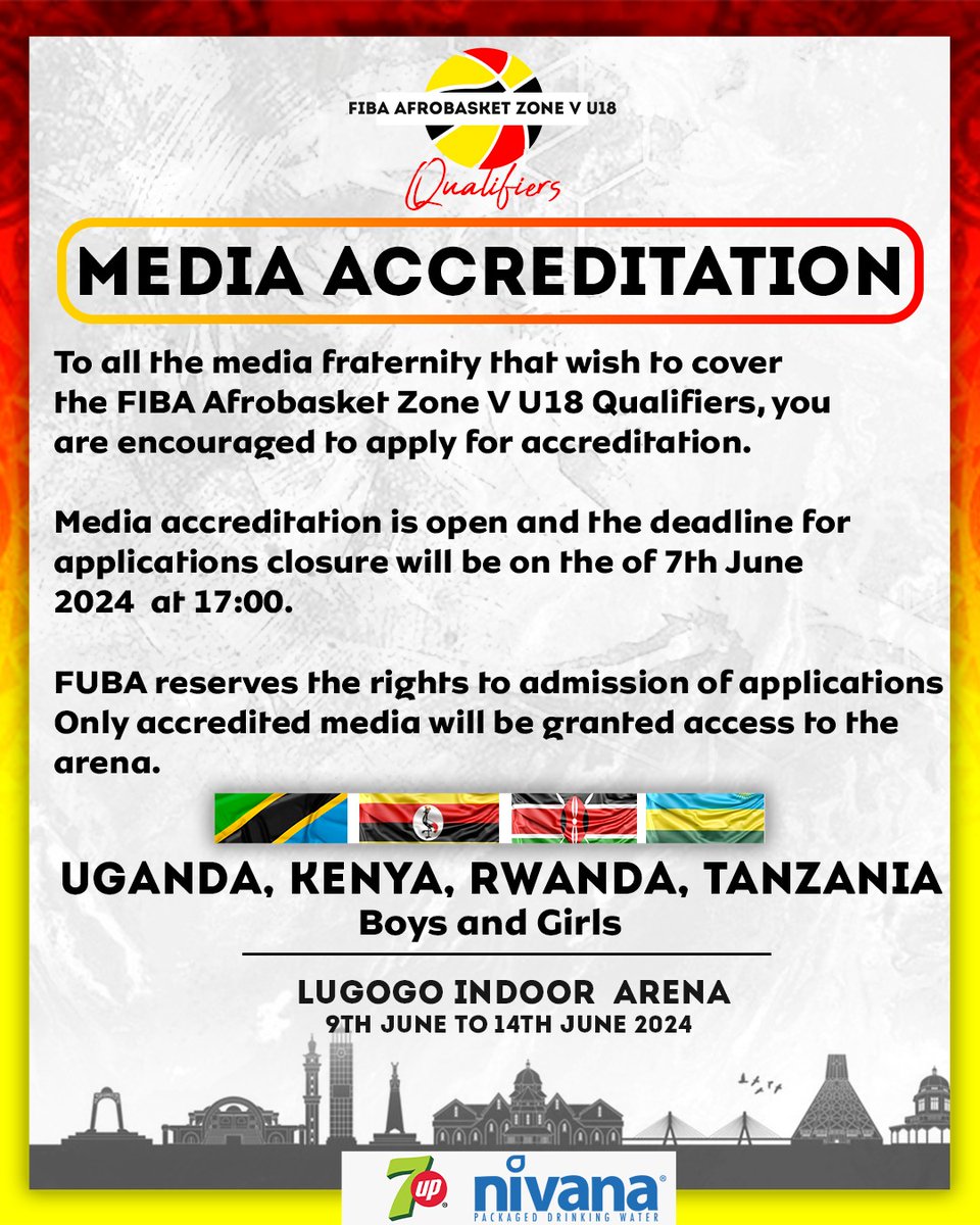 🚨MEDIA ACCREDITATION 🚨 Dear Media, accreditation for the FIBA Afrobasket Zone V U18 Qualifiers is open via the link below! forms.gle/JSFQRbKXyiWVSb… Closes on 7th June at 5pm. Thank you #U18ZoneVQualifiers | #FubaBasketball