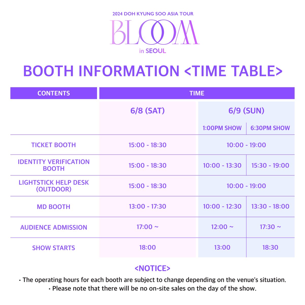companysoosoo_'s tweet photo. 2024 DOH KYUNG SOO ASIA FAN CONCERT TOUR BLOOM in SEOUL

부스 운영 안내 <타임테이블>
BOOTH INFORMATION <TIME TABLE>

#도경수 #DOHKYUNGSOO
#FANCONCERT_BLOOM https://t.co/yd4taMTgzq