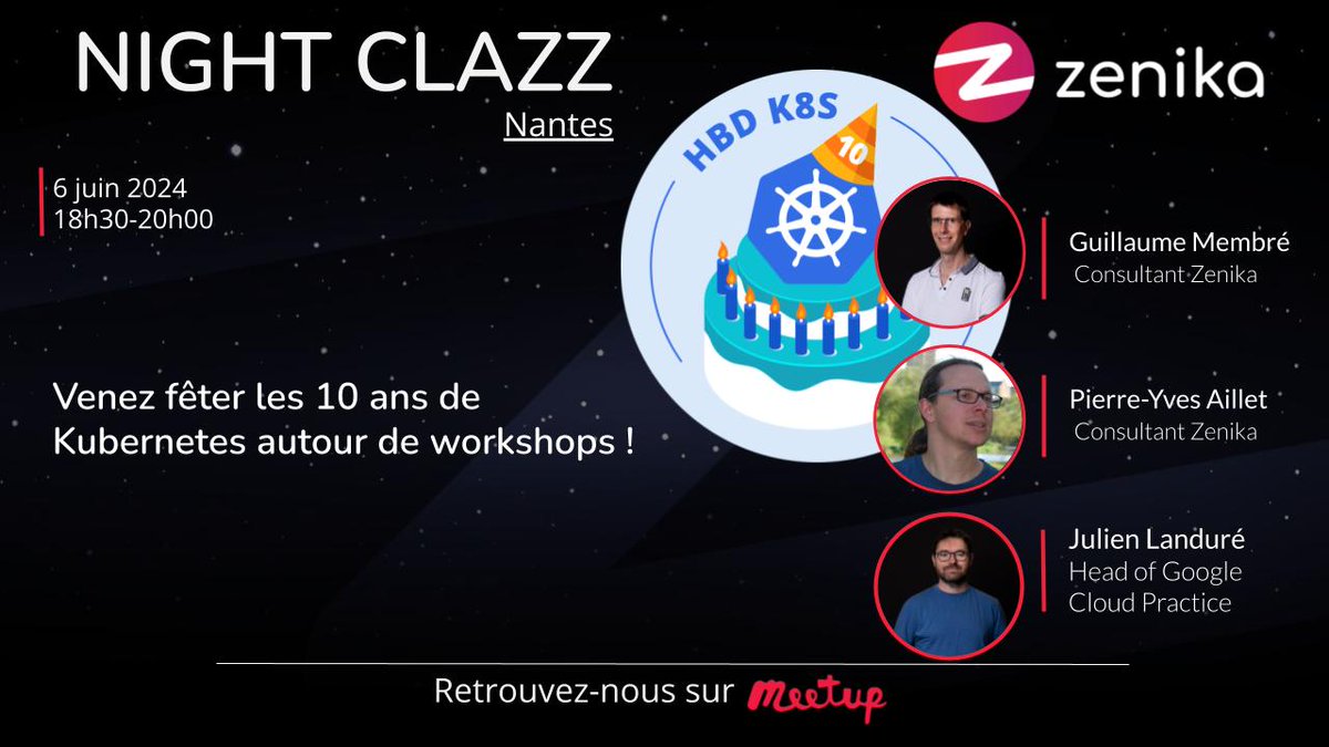 🎂Le 6 juin, <a href="/kubernetesio/">Kubernetes</a> fêtera ses 10 ans 🎉

Pour cette occasion et co organisée avec le <a href="/gdgnantes/">GDG Nantes</a> , <a href="/GuillaumeMembre/">Guillaume Membré 🚀 @gmembre@piaille.fr</a> , <a href="/pyaillet/">pyaillet 🤘 @pyaillet@piaille.fr</a> et <a href="/jlandure/">Julien Landuré</a> vous proposent 2 workshops !

🎁La soirée se terminera par un Quizz avec à la clé un joli cadeau à gagner😁

meetup.com/nightclazz-by-…