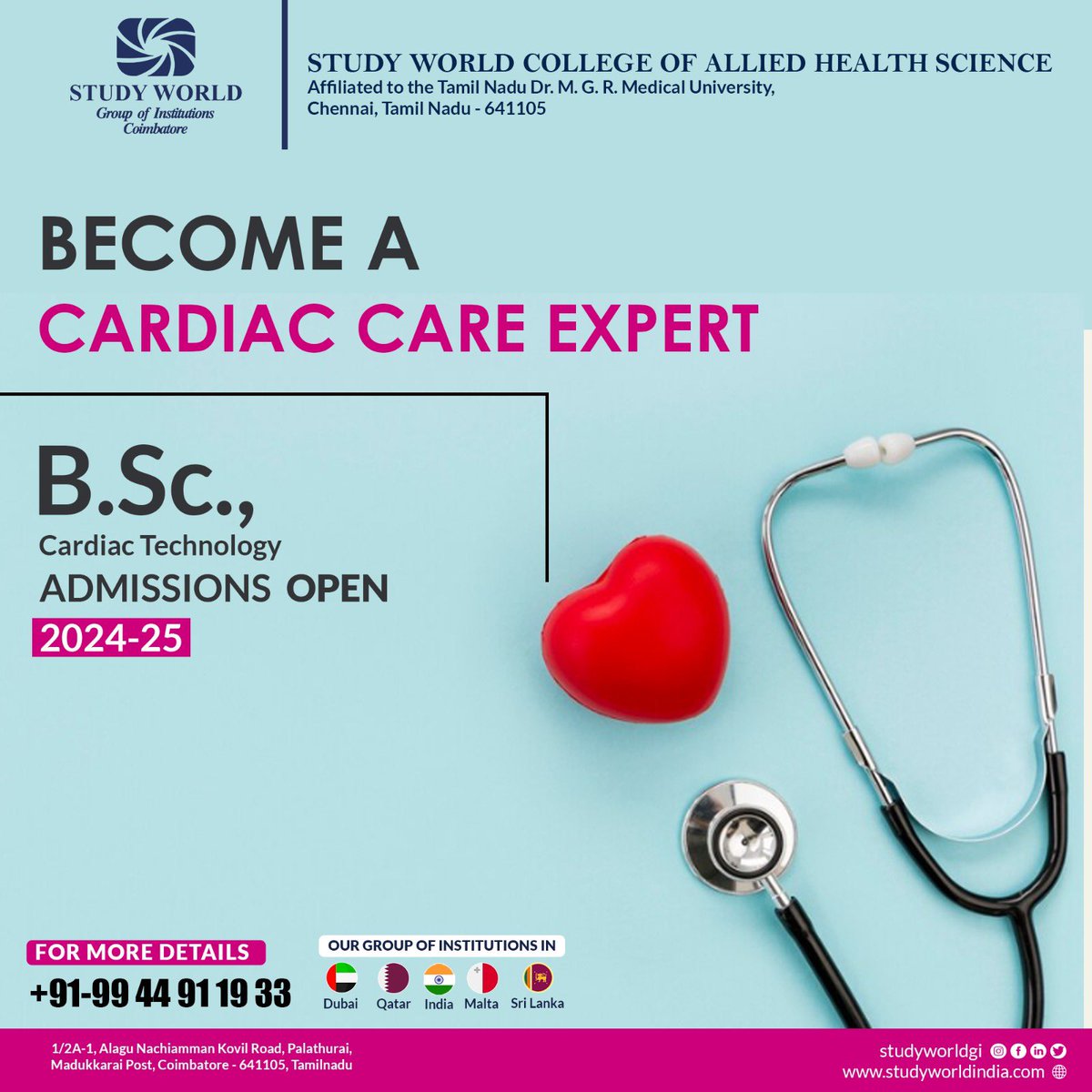 Pursue a rewarding career in healthcare. Join our international campus offering world-class facilities and industry relevant curriculum.

#cardicactechnology
#alliedhealthcourses 
#studyworldcollegeofalliedhealthsciences #studyworldgroupofinstitutions #healthcourses