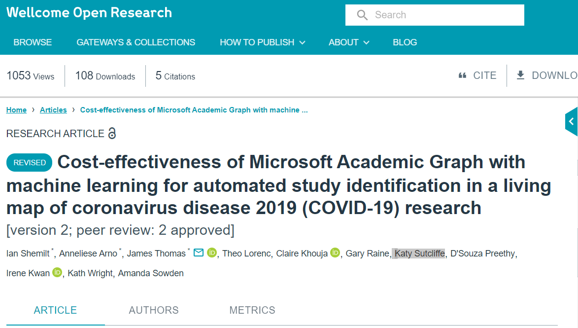 📥New paper: Cost-effectiveness of Microsoft Academic Graph with machine learning for automated study identification in a living map of coronavirus disease 2019 (COVID-19) research (with @idshemilt, @James_M_Thomas & @KatySutcliffe). Full text in: wellcomeopenresearch.org/articles/6-210…