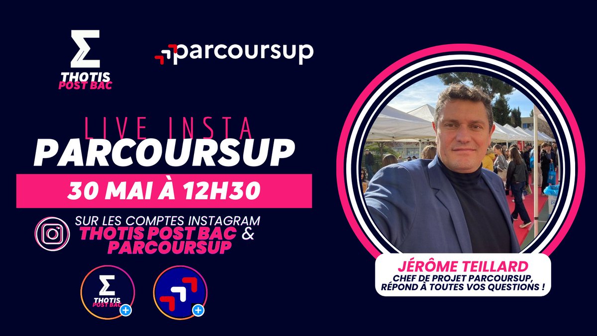 🗓️ Aujourd'hui débute à partir de 19h (heure de Paris) la phase principale d'admission #Parcoursup. 🟣 Pour cette occasion nous vous proposons un live Instagram avec @thotismedia à 12h30 ! 🎙️ Jérôme Teillard, chef de projet Parcoursup, répondra à toutes vos questions en direct.