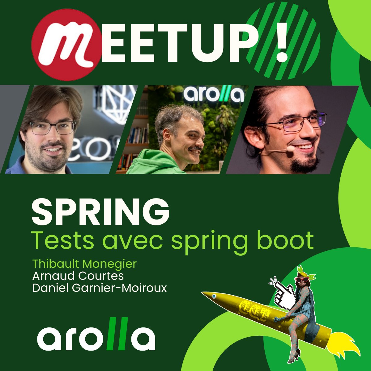 ArollaFr's tweet image. Meetup spring Arolla du 5 juin
RDV à 19h, au 21 rue du Bouloi, Paris.
Au programme, Thibault Monégier, Arnaud Courtès & Daniel Garnier-Moiroux exploreront les outils de Spring Boot pour des tests rapides et efficaces, allant au-delà de #SpringBootTest. Lien en Com👇