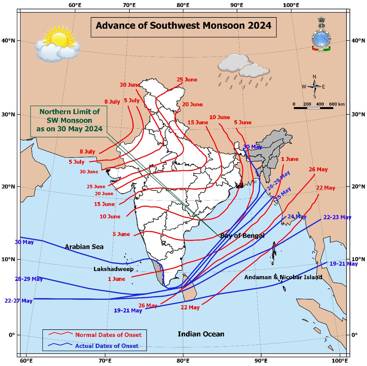 ❖ Southwest Monsoon has set in over Kerala and advanced into most parts of northeast India including entire Nagaland, Manipur, Mizoram, Arunachal Pradesh and most parts of Tripura, Meghalaya and Assam, today the 30th May, 2024.