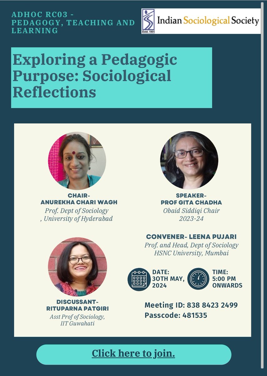 Exploring a Pedagogic Purpose: Sociological Reflections by Gita Chadha today at 5 pm IST. Zoom link: us06web.zoom.us/j/83884232499?…