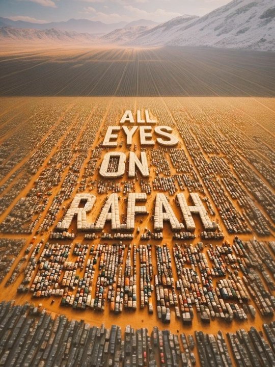 'All eyes on Rafah' As the conflict escalates, the world watches with bated breath.Innocent lives are caught in the crossfire, & humanitarian aid is desperately needed.Let's call for immediate action to protect civilians and end the suffering. #AlleyesonRafah