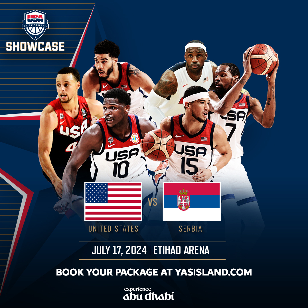 The 2024 USA Basketball Showcase is hosting the national teams of USA Men, Australia and Serbia on #YasIsland this July 🏀 Book your package now on yasisland.com

#InAbuDhabi #EtihadArena