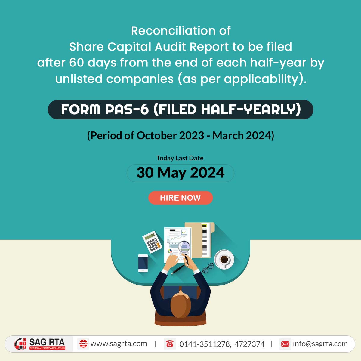 sag_rta's tweet image. 30th May 2024 is the Last Date to file #formpas6  for the period of October 2023 - March 2024. Hurry Now!
For more:bit.ly/3Ev9NJ1
#sharecapitalauditreport #unlistedpubliccompanies #Registrarandtransferagent #Registrarandsharetransferagent #RTAservices #RTAagent #RTAforms