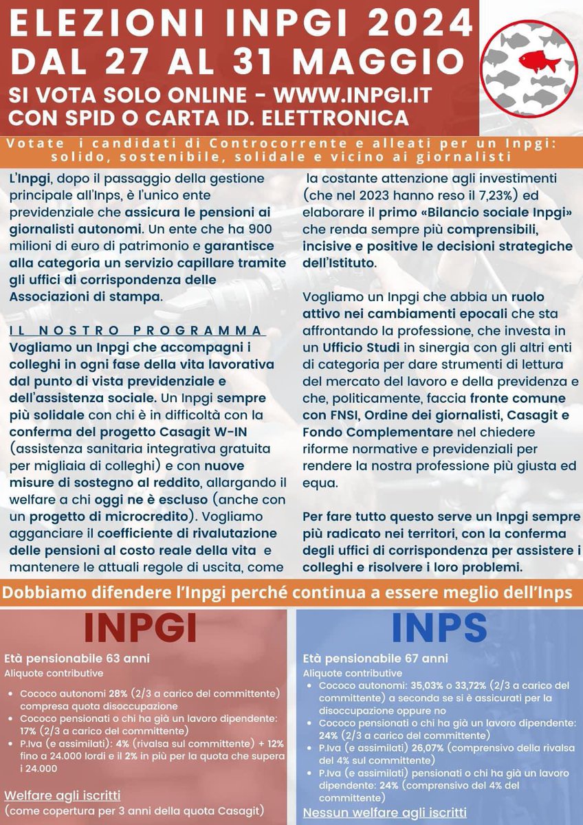 Controcorr's tweet image. 🔴Elezioni Inpgi 2024, ci sono ancora oggi e domani per votare🔴
Ecco il nostro programma e i candidati @Controcorr:

Nel Lazio sarà possibile esprimere sei preferenze:
Massimo MARCIANO
Beatrice CURCI
Daniela MOLINA
Maurizio PIZZUTO
Andrea RUSTICHELLI
Marina TESTA