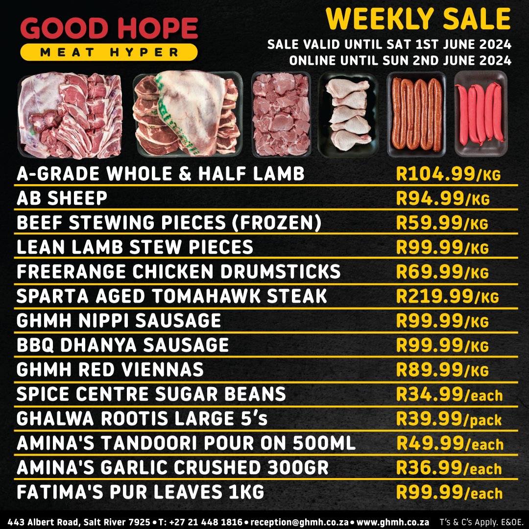 goodhopemeat's tweet image. 📣 Don't miss out on our Weekly Sale! 🎉 Stock up and save big on all your favorite goodies! 
Order online now at goodhopeonthego.co.za 
Valid until Saturday June 1st, 2024, Online until Sunday 2nd June 2024.
Come and Enjoy incredible discounts! 🛒🥳
 #GHMH #MeatDelivery