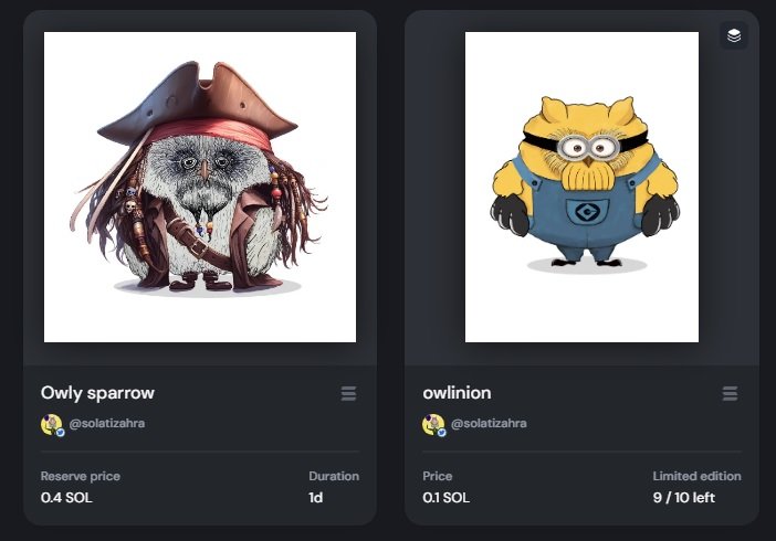 My cute bird  is a cute, fluffy owl who dresses up as a famous character.
Owlinion & Owlysparrow are two of this collection.
#nft #minion #jacksparrow #exchangeart #sol #digitalart #Auction  #blamekato 
@exchgART

exchange.art/solatizahra/nf…