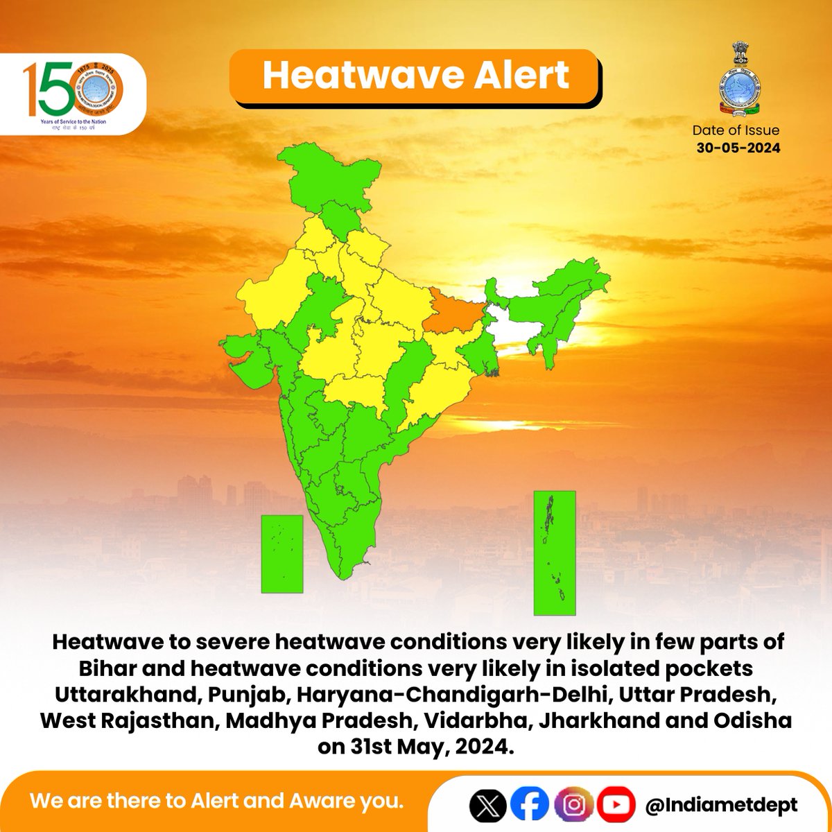 Heatwave to severe heatwave conditions very likely in few parts of Bihar and heatwave conditions very likely in isolated pockets Uttarakhand, Punjab, Haryana-Chandigarh-Delhi, Uttar Pradesh, West Rajasthan, Madhya Pradesh, Vidarbha, Jharkhand and Odisha on 31st May, 2024.