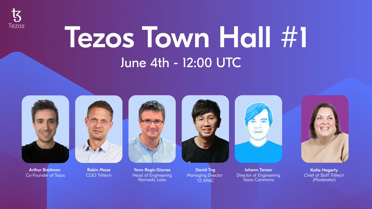 Join the very first Tezos Town Hall next week! 👀 This new monthly event will host community members from around the Tezos ecosystem. June's town hall includes #Tezos Co-Founder @ArthurB, @Trilitech COO @Robmaxworld, @LabosNomades Head of Engineering @yurug, Managing Director of