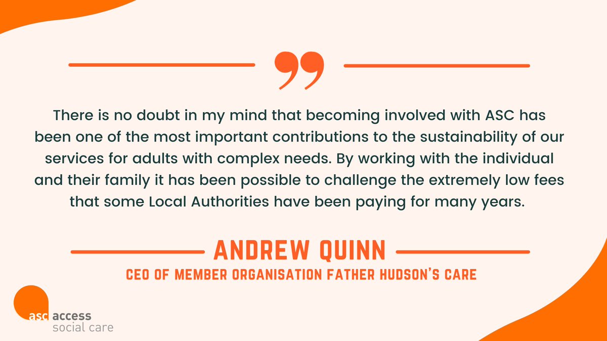 'Becoming involved with ASC has been one of the most important contributions to the sustainability of our services for adults with complex needs.'  Andrew Quinn, CEO of @fatherhudsons 

#socialcare #socialcarecharity #charity #caresector #legaladvice #accesstojustice