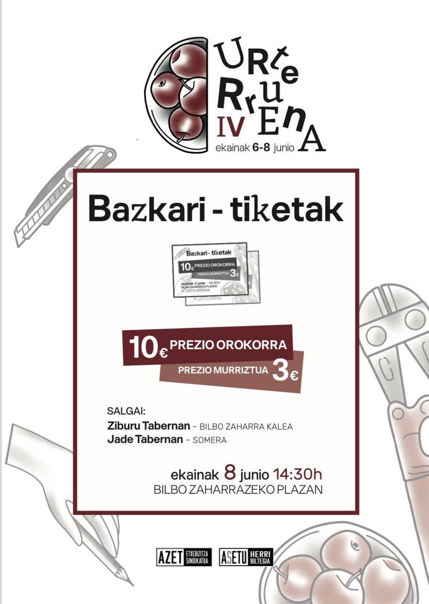 𝙄𝙑. 𝙐𝙍𝙏𝙀𝙐𝙍𝙍𝙀𝙉𝘼: 
“Ugazabaren tresnekin ez dugu ugazabaren etxea desmontatuko” 

Ekainaren 8an, herri-bazkaria izango dugu Bilbo Zaharreko plazan. 

Tiketak salgai daude dagoeneko: 
- Ziburu Taberna 
- Jade Taberna
- Edo DM bidez 📨

Animatu eta eskuratu tiketa! 🎟️