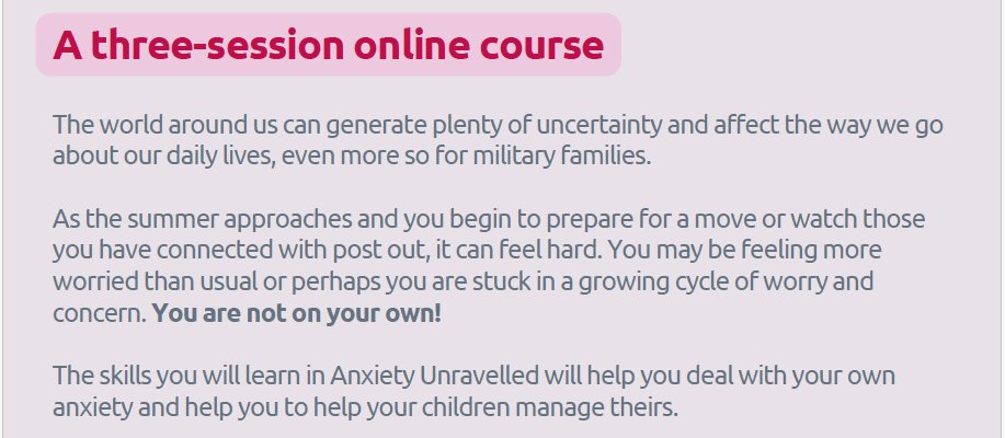 Anxiety Unravelled - supporting military parents and children. Fully funded by @armed forces covenant fund trust Join Bounce Forward for a three session course that starts on the 5h June - places are filling up fast! us06web.zoom.us/webinar/regist…