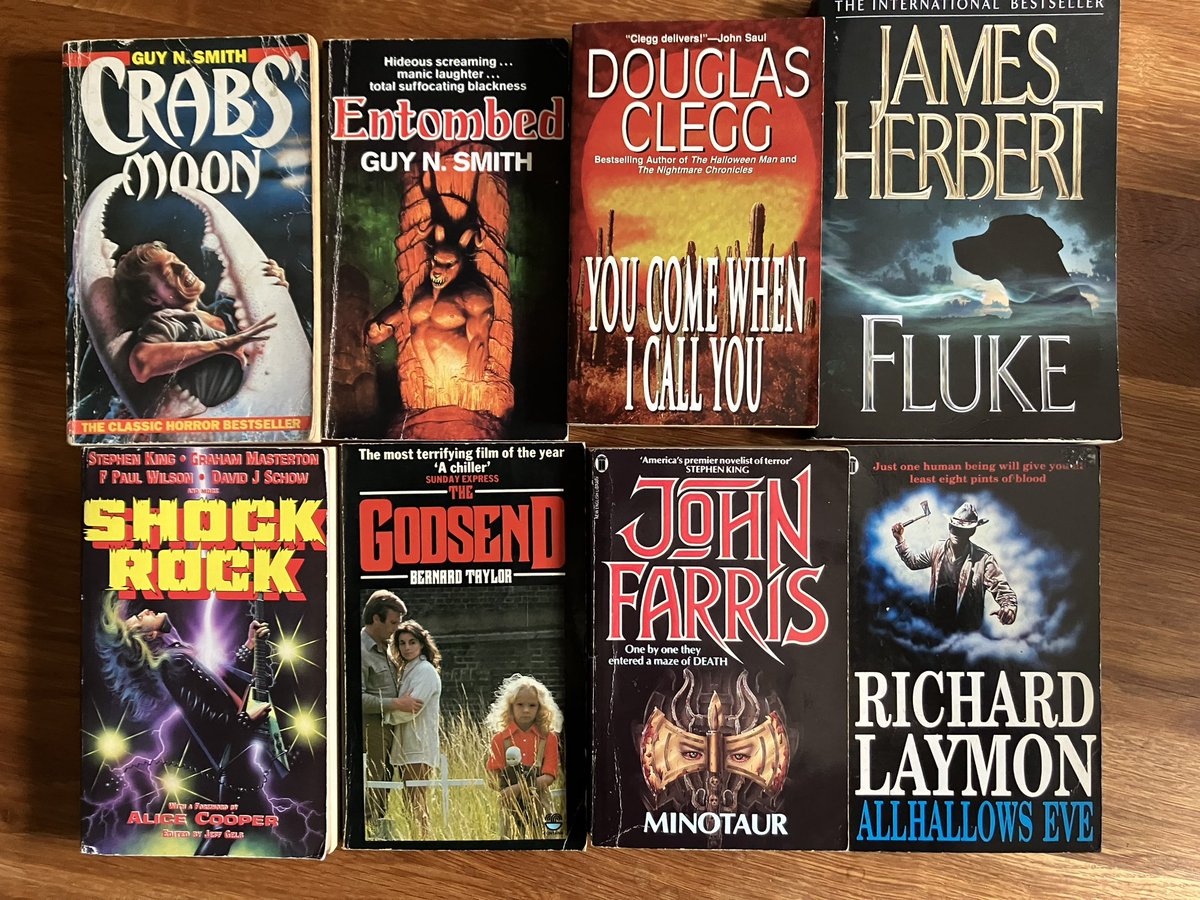 MattPayne1973's tweet photo. Finally! A decent #Paperbacksfromhell haul - I thoroughly recommend Mrs Lofthouse’s Emporium in Scarborough if you’re ever in the vicinity. #jamesherbert #douglasclegg #richardlaymon and my first encounters with #guynsmith . That’s the next few months sorted https://t.co/DZJlcEvdr6