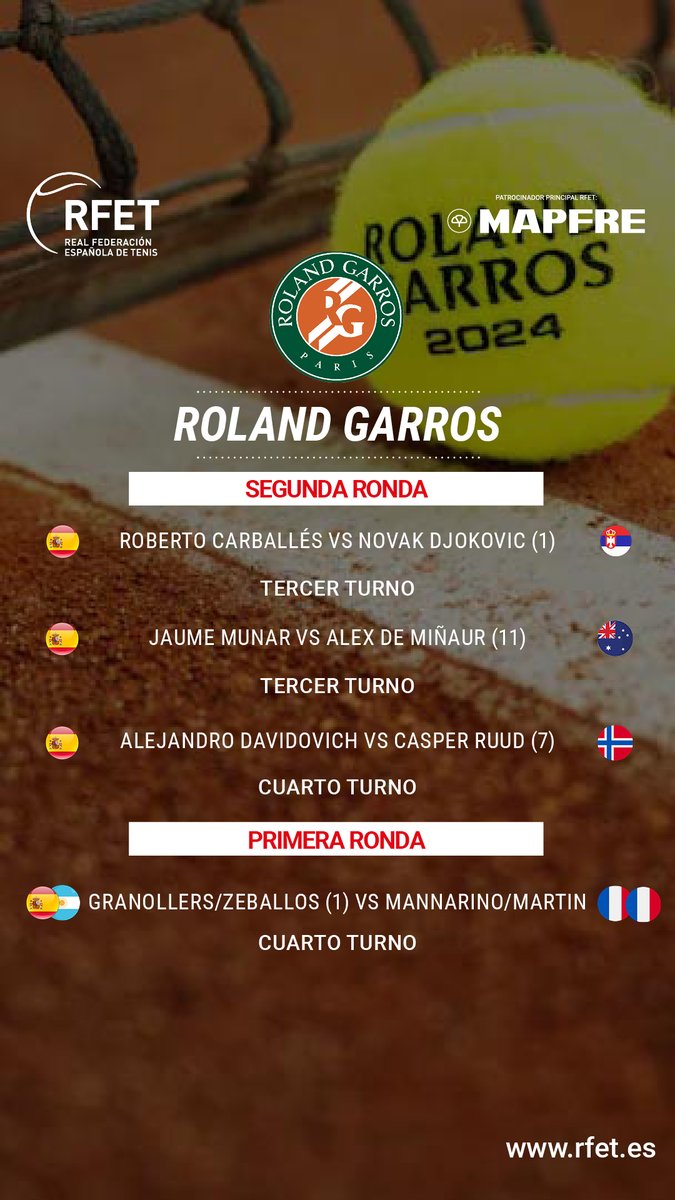 🧱 𝗛𝗢𝗥𝗔𝗥𝗜𝗢𝗦 - 𝗝𝗨𝗘𝗩𝗘𝗦 𝟯𝟬 🧱 Auténticos PAR-TI-DA-ZOS para nuestr@s tenistas en la jornada de hoy de #RolandGarros . Si la lluvia lo respeta, ¡el tenis arranca en una hora!